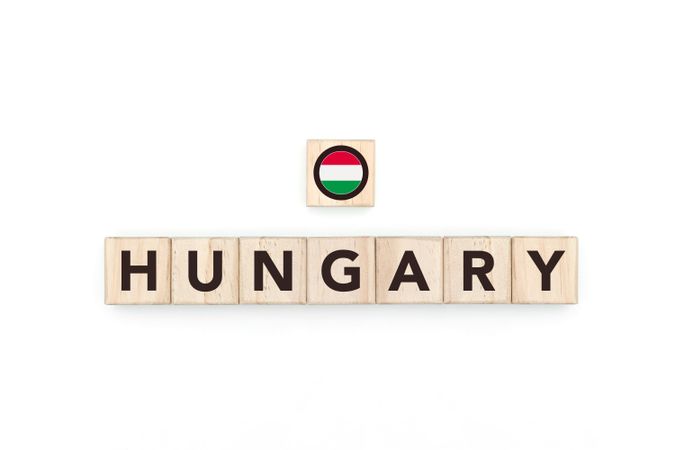 Wooden blocks bearing the name and flag of Hungary.