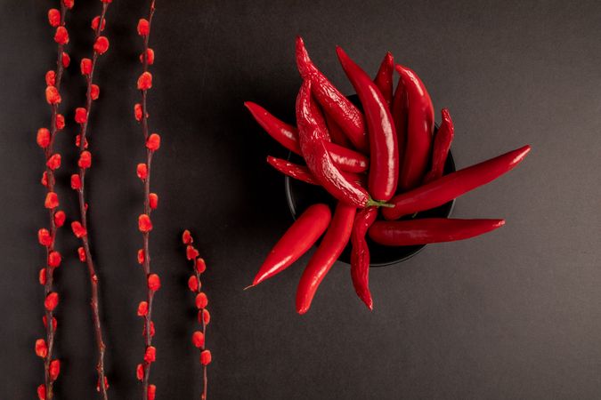 branches near peppers and strawberries
