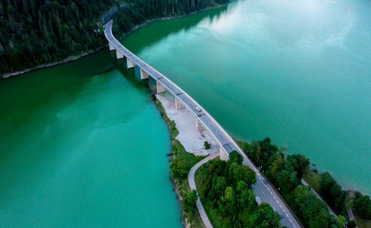 Aerial view image of Lake Sylvenstein Bridge in the Upper Bavaria region, Germany