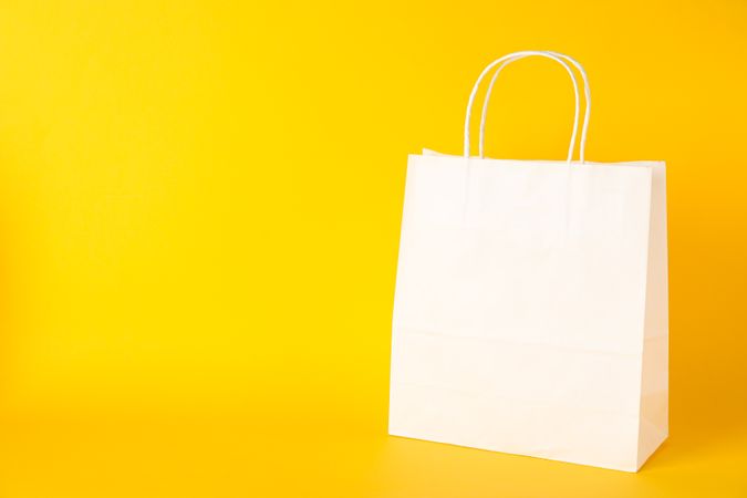 Paper bag on color background, space for text
