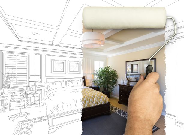 Before and After of Man Painting Roller to Reveal Newly Remodeled Master Bedroom Under Pencil Drawing Plans.