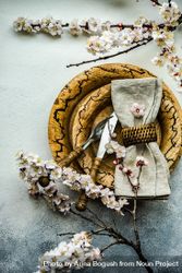 Minimalistic table setting with apricot blossom with rustic brown plates 5oDQv1