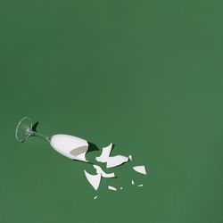 Broken champagne glass on green background