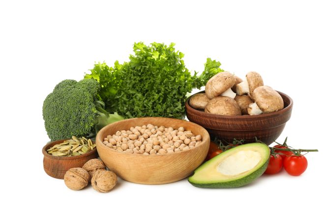 Set of protein vegan products, isolated on plain background