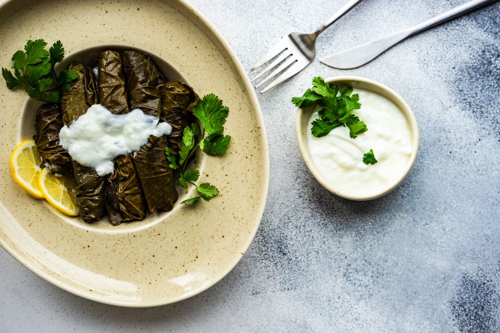 Top view of plate of stuffed grape leaves with dip