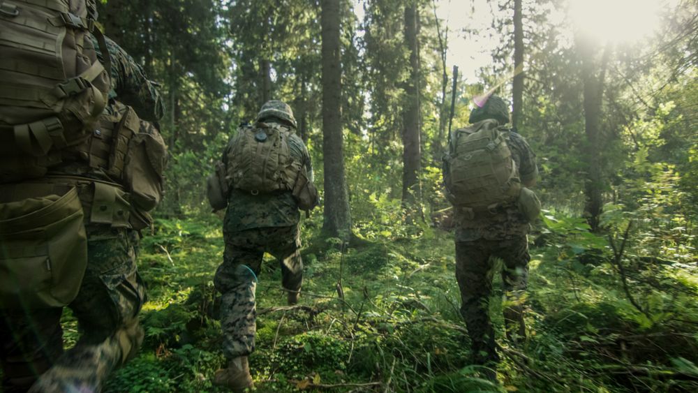 Squad of Five Fully Equipped Soldiers in Camouflage on a Reconnaissance Military Mission