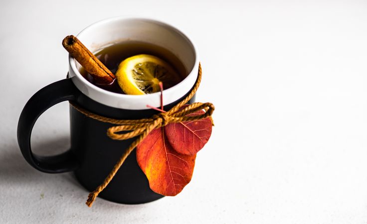 Mug of warming tea with cinnamon stick and lemon slice