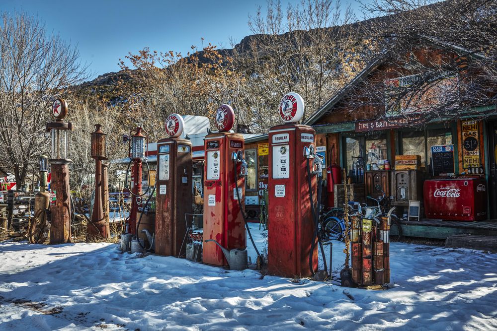 Vintage gasoline pumps outside roadside attraction Classical Gas Museum