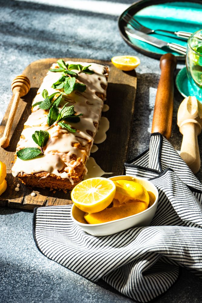 Fresh lemon cake on kitchen counter