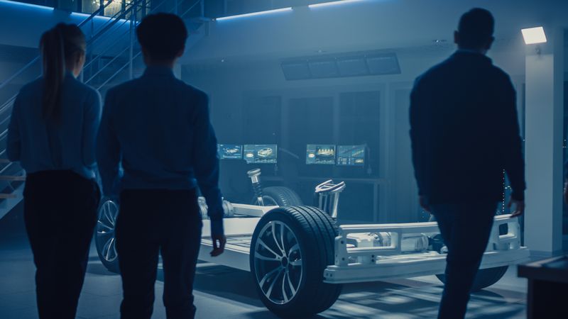 Team of Automobile Design Engineers Enter Automotive Innovation Facility Start Working on Electric Car Platform Chassis Prototype that Includes Wheels, Suspension, Hybrid Engine and Battery