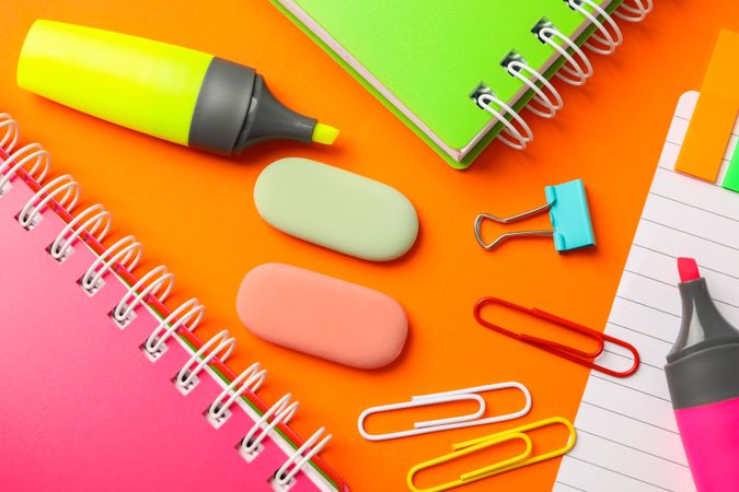 Composition with school supplies on color background, closeup