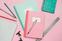 School stationery set on pink background