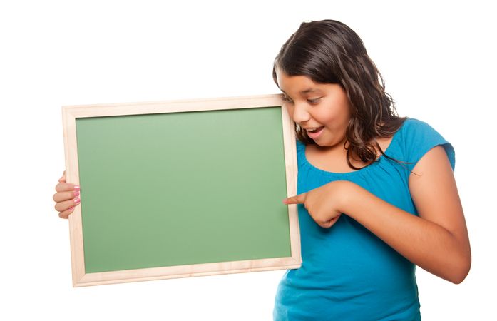 Hispanic Girl Holding Blank Chalkboard