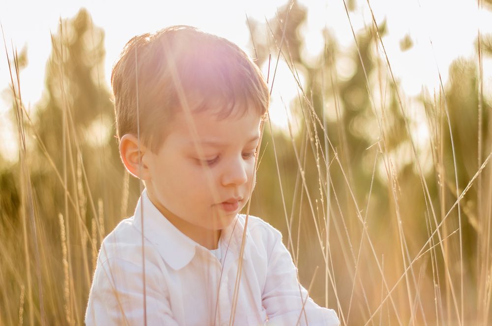 Kid in field playing with spikes at summer sunset