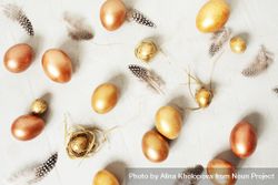 Golden eggs, twigs and bird feathers on neutral background 47WMa4