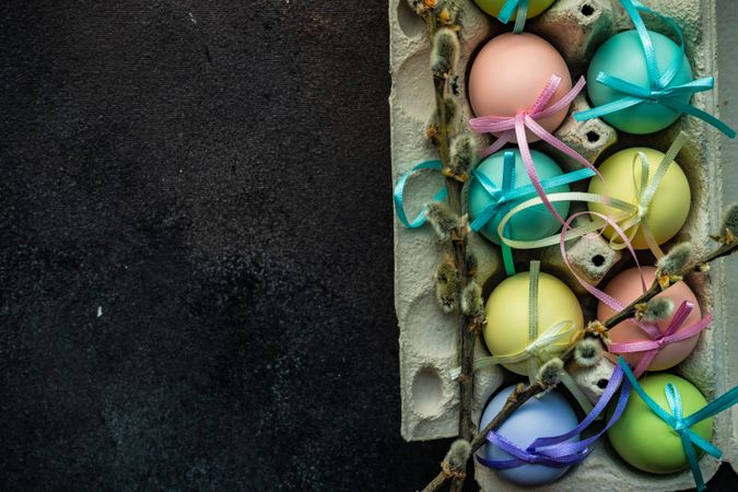 Top view of decorative pastel Easter eggs