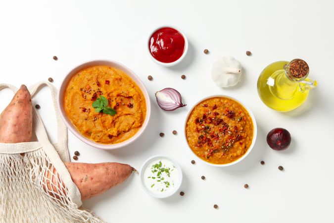 Concept of tasty food, sweet potato puree, top view