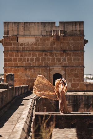 Stylish female on old bridge