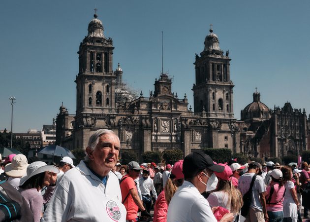 Mexico City, Mexico - February 26th, 2022: Large group of people in Zocalo Square protesting