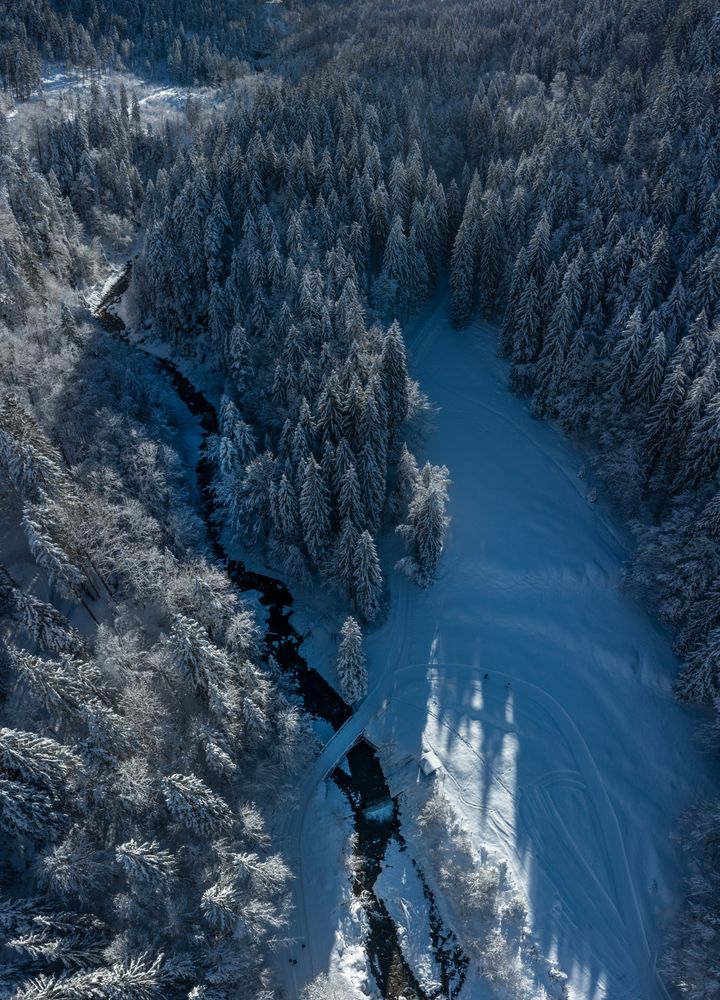 Drone image with snowy forest and mountain river in the Bavarian Alps