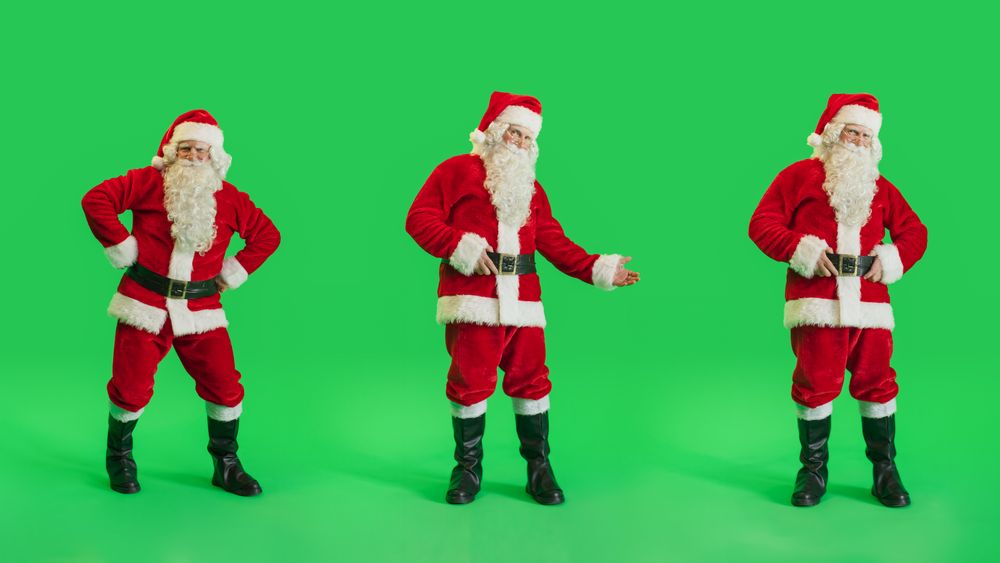 Studio Shot Isolated Mockup Template: Jolly Santa Claus Dancing On Green Screen Chromakey Background, Celebrating Christmas, New Years, Holiday Season. Happy And Joyful Celebration