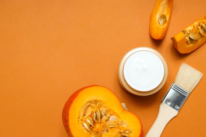 Concept of different cosmetic products, Pumpkin cosmetics, space for text