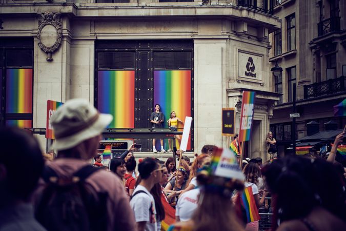 London, England, United Kingdom - July 7th, 2019: Large crowd gather for London Pride Parade