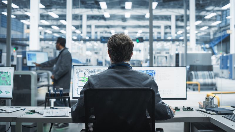 Backview Of Male Industrial Engineer Working on Desktop Computer in Factory Office.