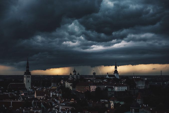 Storm over the city of Tallinn, Harju maakond, Estonia at night