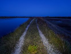 A farm road between an empty and a full salt marsh at twilight