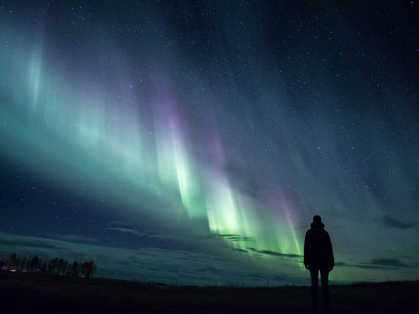 Silhouette of person under aurora borealis sky