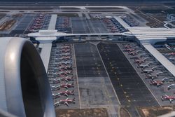 Aerial view of airport's airplane parking bGJke4