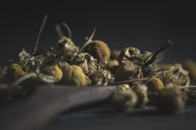 Spoonful of dried chamomile on wooden table