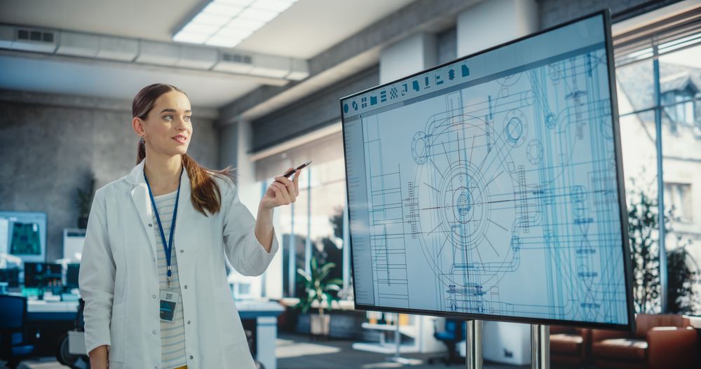 Female Robotics Engineer Giving Presentation in Front Of TV Set With Ai Robot Blueprint.