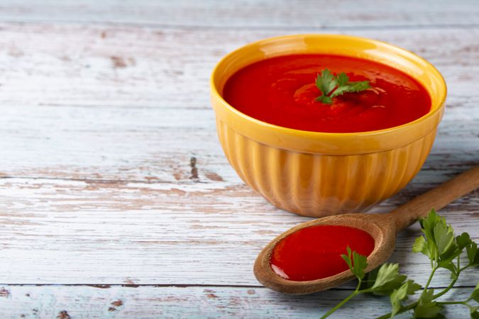 Delicious homemade tomato soup in bowl.