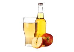 Apples, glass and bottle with cider isolated on blank background