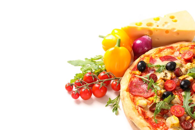 Tasty pizza and ingredients isolated on plain background