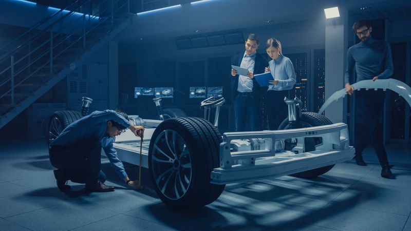 Team of Automotive Engineers Working on Electric Car Platform Chassis, Taking Measures, working with 3D CAD Software