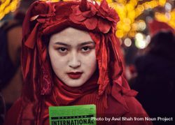 Japan - Tokyo, Shibuya Japan - November 29th, 2019: Portrait of woman from Red Rebel Brigade 5Q2Xd4