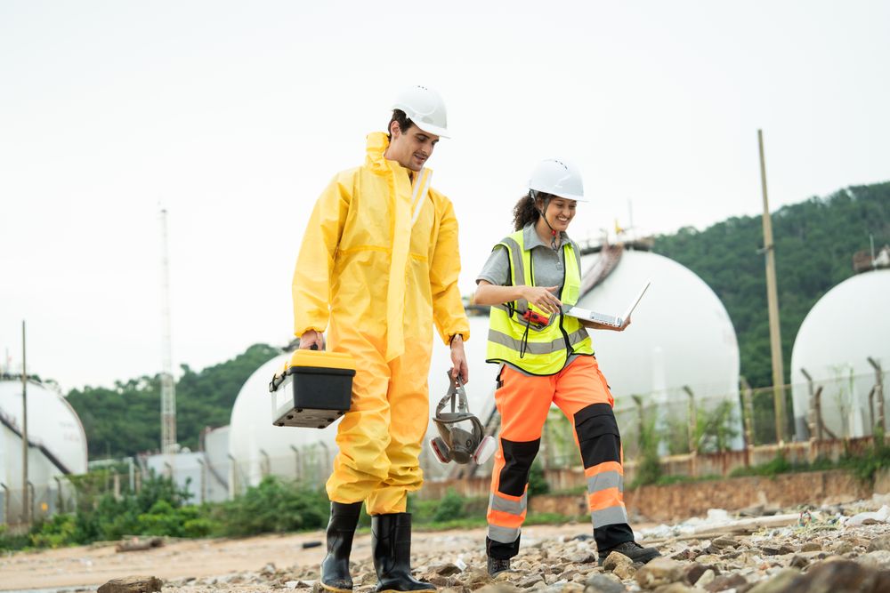 Workers in safety gear walking to survey at site near refinery storage tanks, industry facility, Hazardous environment, scientist holding toolbox, woman with laptop