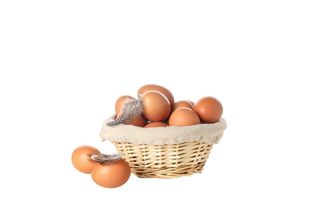 eggs in a round basket, isolated on blank background.