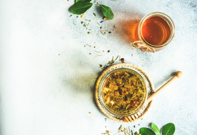 Top view of herbal tea with honey