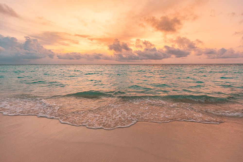 Photo of waves coming in on a sandy beach at sunset linking to a downloadable high-resolution summer stock photo