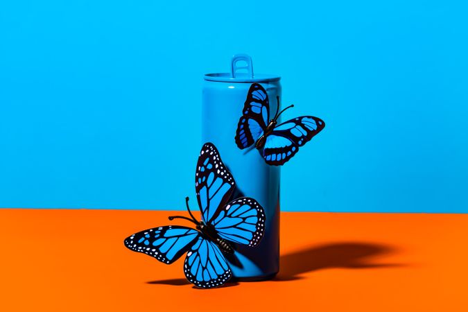 Plastic butterflies on metal blue can