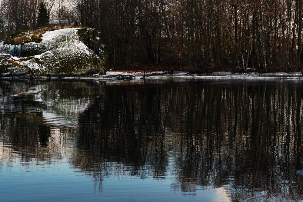 Frosted bank of river with bare trees
