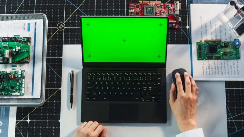 Anonymous Industrial Scientist Using Laptop Computer with Mock-Up Green Screen Chromakey Display with Placeholders. Engineer Having a Virtual Collaboration Meeting with Colleagues. Top Down View