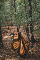 Woman in butterfly costume in forest