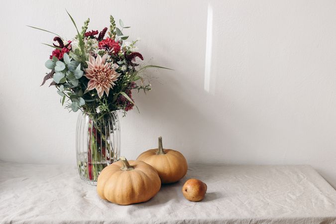 Orange pumpkins, pear fruit on linen table cloth in sunlight