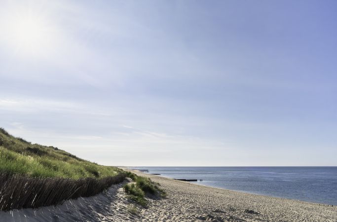 Beach scenery with grassy dune leading to the ocean