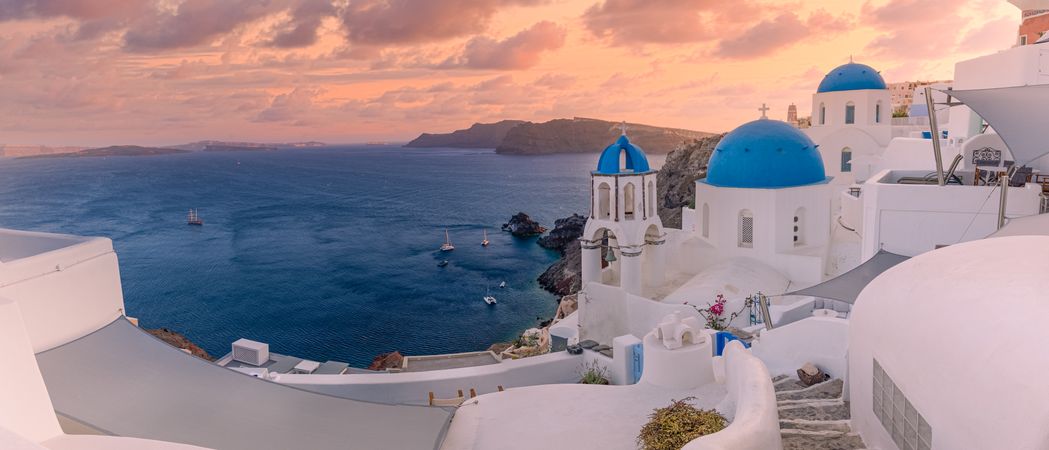 Calm sunset over the town of Santorini, panoramic